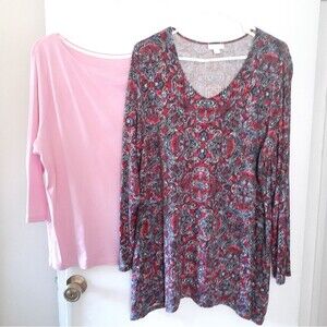 J. Jill red navy paisley 2x shirt tunic top & Talbots pink boat neck